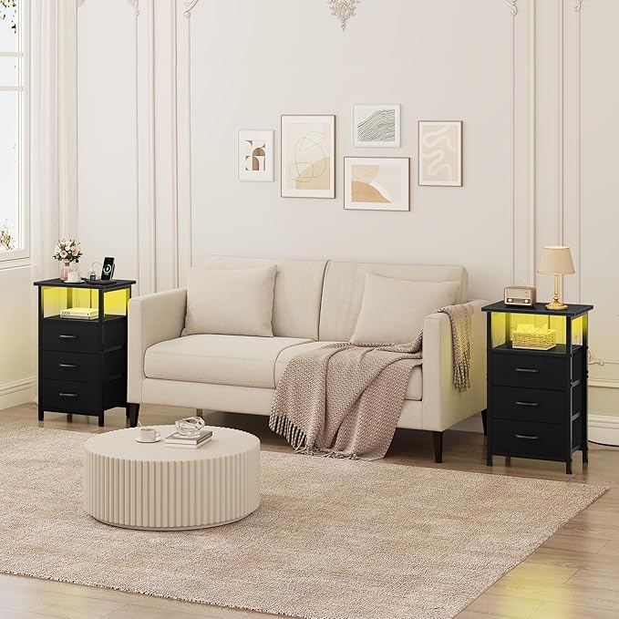 Vagusicc Night Stand with Charging Station, LED Nightstand for Bedroom, Bedside Table with 3 Fabric Drawers, End Table Side Table with USB Ports and Outlets, Bed Side Table for Bedroom, Black
