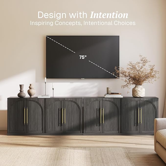 BELLEZE Set of 2 65" Sideboard Cabinet with Double-Arc Wood Doors, Large Buffet Cabinet with Storage and Adjustable Shelves, Classic Modern Console Table for Dining Room Living Room Entryway (Ebony)