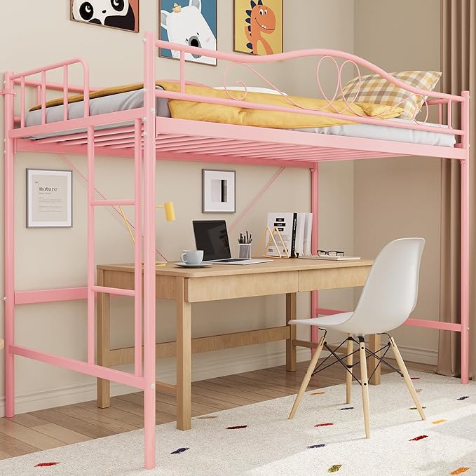 IDEALHOUSE Loft Bed Twin Size with Ladder & Full Safety Guardrail, Heavy Duty Metal Twin Loft Bed 400 Lbs Load Capacity, Space-Saving, Noise Free, No Box Spring Needed, Easy Assembly, Pink