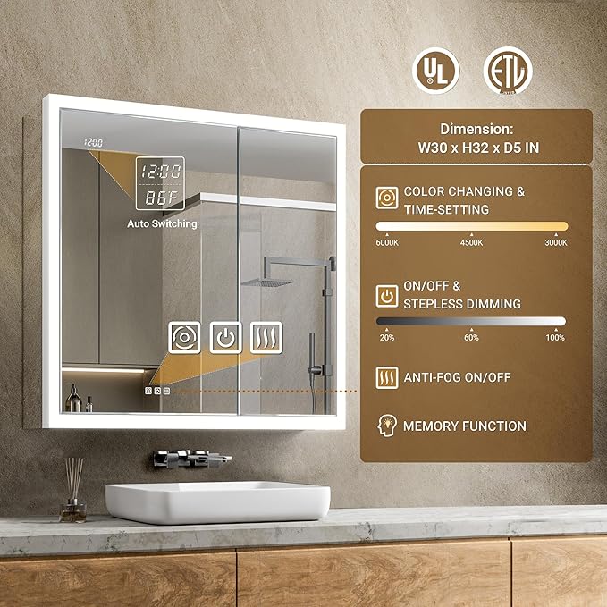 30x32 Lighted Medicine Cabinet with Mirror & Clock -Surface or Recessed Aluminum Medicine Cabinet with Dimmable Light & Outlet, Anti-Fog, Built-in Sensing Light, Assembly-Free