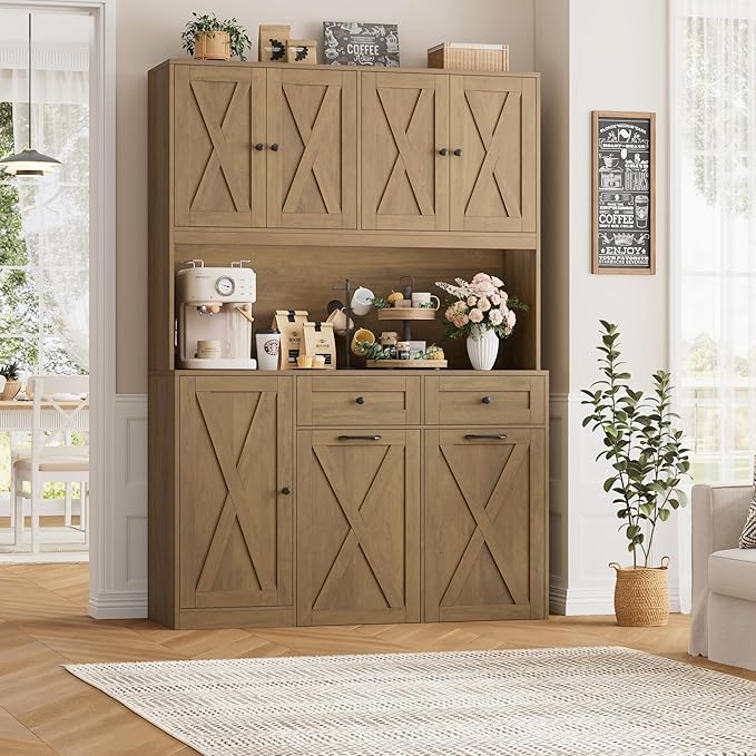 HOSTACK 71" H Kitchen Trash Can Hutch Cabinet, 12.5 Gallon Double Pull Out Garbage Can Hutch Cabinet with Trash Bin Storage Holders, 47" Wide Kitchen Pantry with Hidden Garbage Storage, Rustic Brown