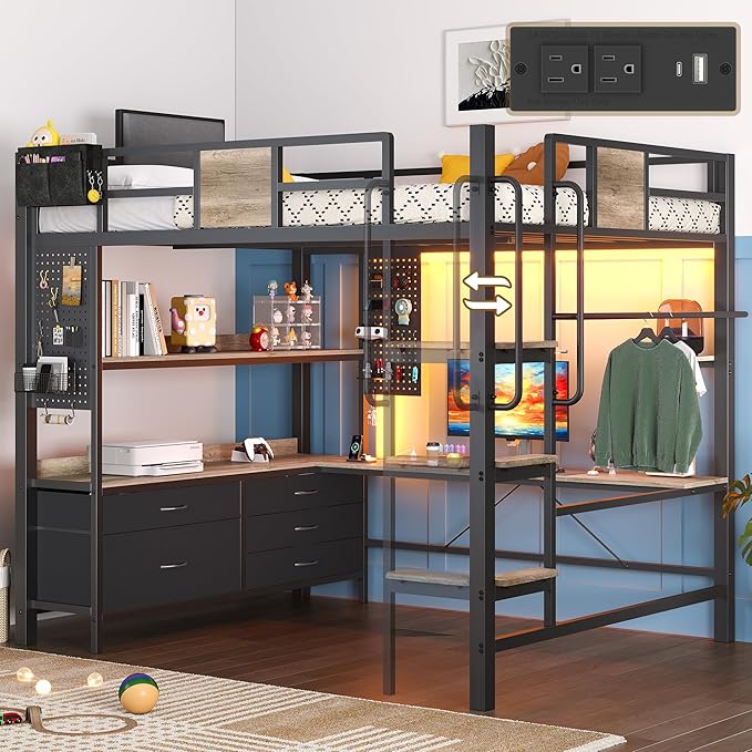 Dnxao Full Loft Bed with Desk and 5 Storage Drawers, Loft Bed Full Size with 1 Bedside Organizer,Removable Ladder, LED Lights and Charging Station,Clothes Rail,Safety Guard,Oak Gray