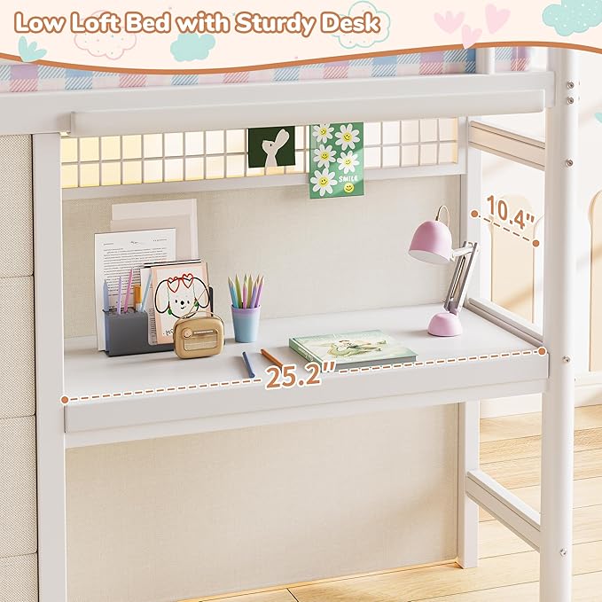 Twin Low Loft Bed with Desk, 7 Storage Drawers & LED Lights, Kids Metal Loft Bed with 12" H Safety Guardrail, Underbed Play Space & Curtain, Anti-Collision Pad (White)