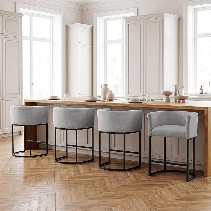 GRUSIGN Chenille Counter Height Bar Stools Set of 4, 26" Kitchen Island Stools with Arms & Footrest, Upholstered Barrel Back Bar Chairs for Kitchen， Dining Room, Bar & Lounge Area, 450 lbs, Grey