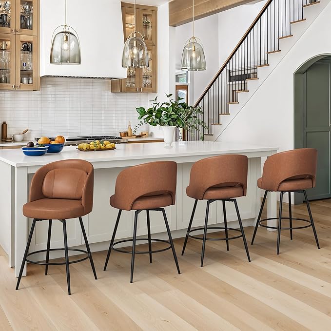 LUE BONA 26''H Swivel Bar Stools Set of 2, Counter Height Bar Stools with Backs, Lumbar Pillow and Black Metal Frames, Upholstered Modern Barstools for Kitchen Island, Faux Leather, Brown