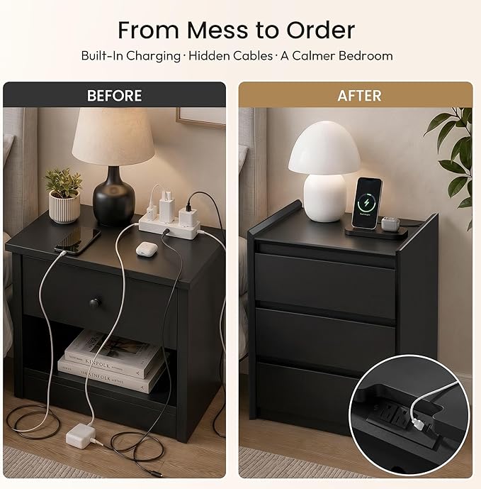24" Tall Nightstand with Charging Station Including USB-C, Modern Bedside Table and Sofa End Table - Black, 3 Drawers, Set of 2