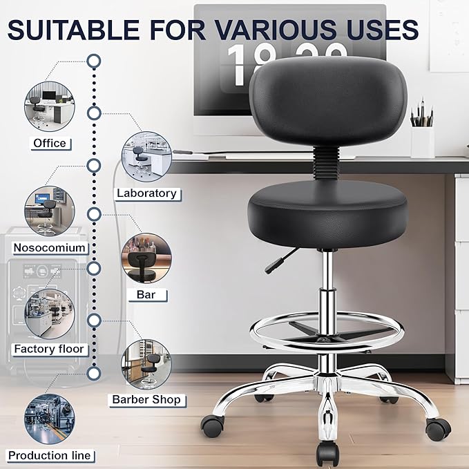 Brick Attic Drafting Chair with Backrest – Adjustable Foot Rest Rolling Stool with Wheels, PU Leather Swivel Stool for Office Spa Studio Lab Counter Salon Home Work Bar Kitchen Shop(Silver)