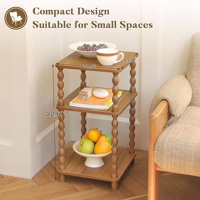 Fultyle End Table, Small Side Table with 3 Tier Open Shelf, Modern Night Stand Accent Table for Small Spaces, Living Room and Office (Caramel Tan)