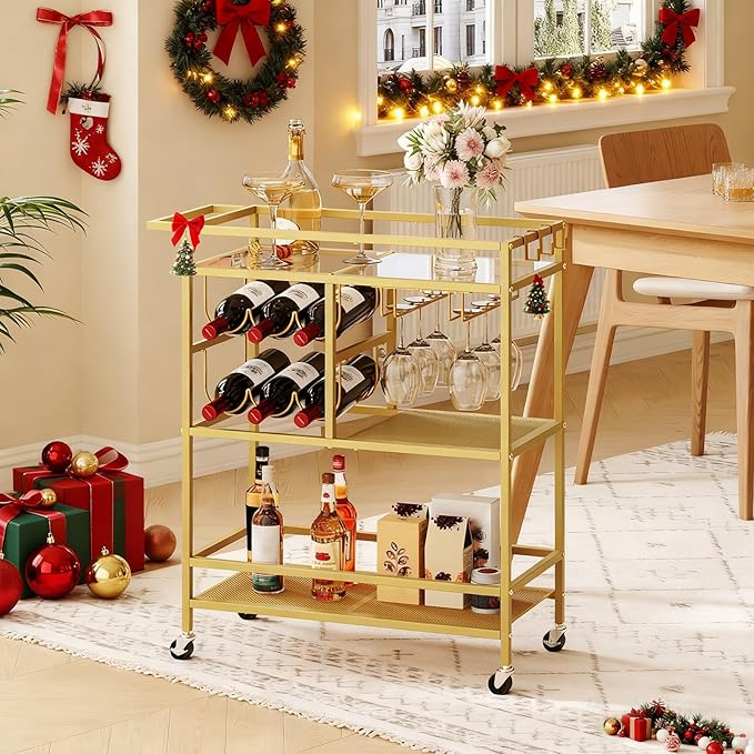 MAHANCRIS Bar Cart for Home, 3-Tier Serving Cart with Wheels and Handle, Beverage Cart with Wine Rack and Glass Holders, Rolling Wine Cart for Kitchen, Dining Room, Gold RCJ61B01