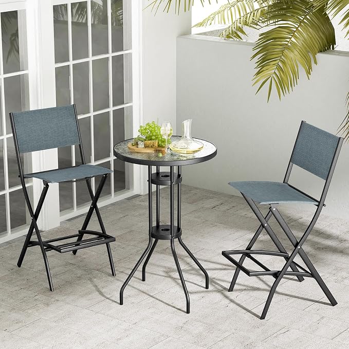 COSTWAY Outdoor Patio Bar Chair Set of 4, Folding Counter Height Stool with Metal Frame & Footrest, Patio Bar Stool for Balcony, Garden & Poolside (4, Blue)