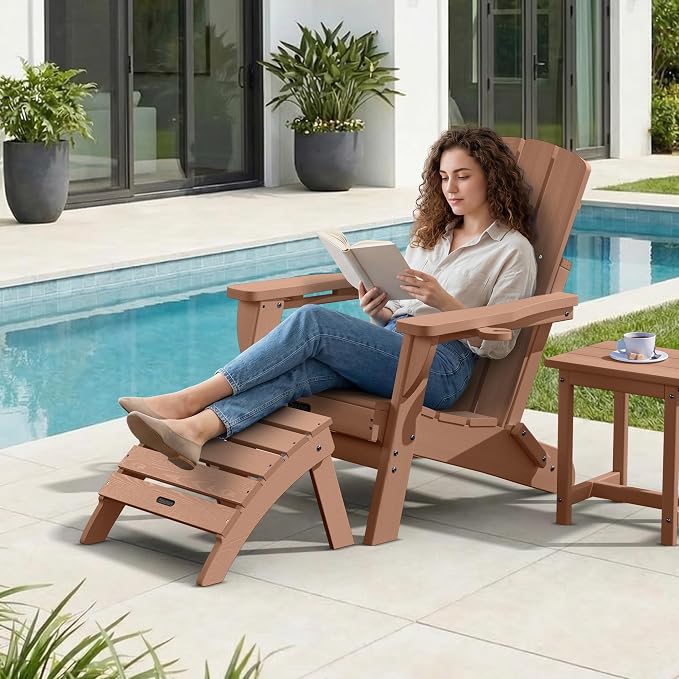Adirondack Ottoman Footrest for Adirondack Chair, All-Weather HDPE Outdoor Foot Stool, Folding Patio Ottoman for Lawn, Garden, Deck, Backyard, Teak