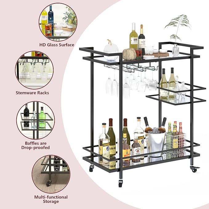 Black Bar Cart, 2-Tier Glass Shelves Rolling Serving Cart with Wheels, Modern Mobile Home Bar Trolley for Kitchen, Living Room, and Dining Room