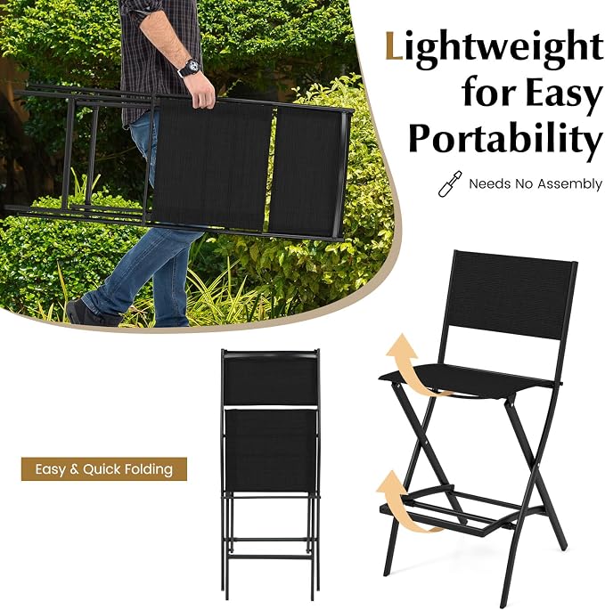 COSTWAY Outdoor Patio Bar Chair Set of 4, Folding Counter Height Stool with Metal Frame & Footrest, Patio Bar Stool for Balcony, Garden & Poolside (4, Black)
