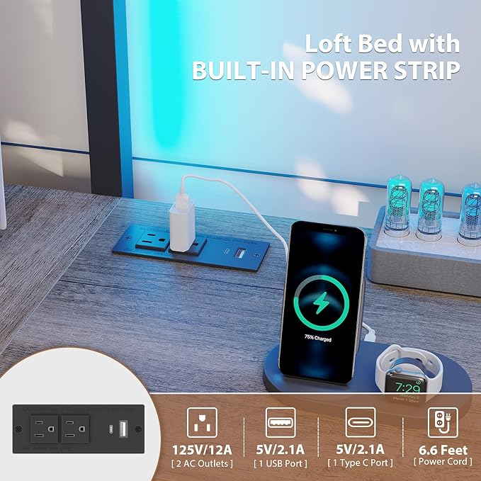 Dnxao Twin Loft Bed with Desk and 5 Storage Drawers,Loft Bed Twin Size with LED Lights and Charging Station, Metal Bunk Bed Frame with Ladder, Clothes Rail,Noise Free,Oak Gray