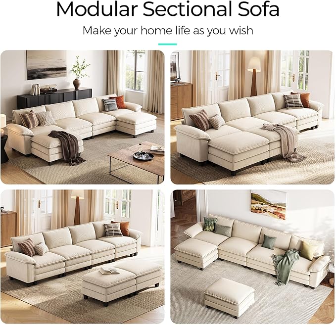 LINSY HOME 157" Modular U-Shaped Sectional Sofa, 4-Seat Corduroy Modern Cloud Couch with Deep Seat & 2 Movable Ottoman, Perfect for Living Room, Office, Bedroom, Beige