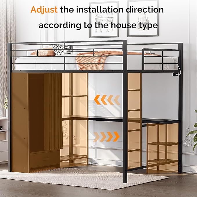 VINGLI Full Loft Bed 15 Inch Extra Tall Safety Guardrail, Wardrobe with Curtain, and Flat Rungs, LED High Double Sleeper with 2 Charging Stations, Desk and Drawer, Heavy Duty Space Saving Bed, Black