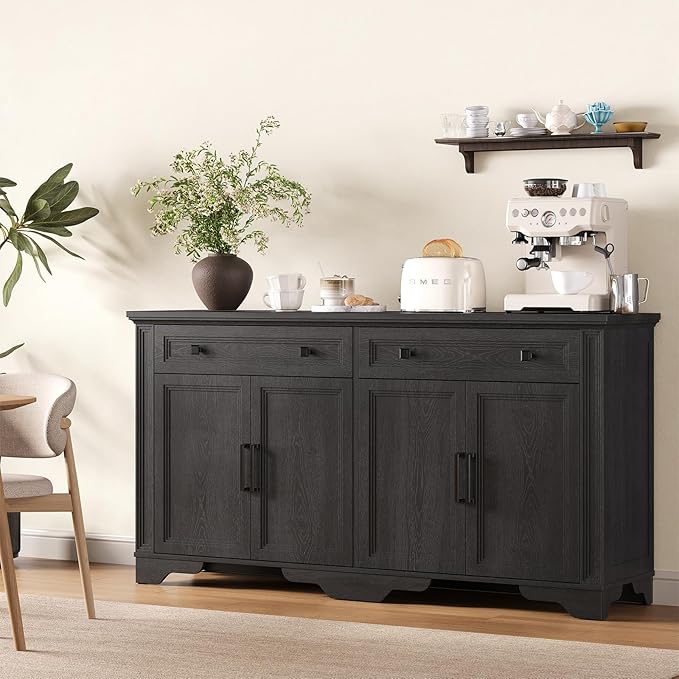 ONBRILL 63" Sideboard Buffet Cabinet, Kitchen Buffet Storage Cabinet, Large Credenza with Drawers & Doors, Wood Coffee Bar Console Wine Bar for Living Room Hallway Black