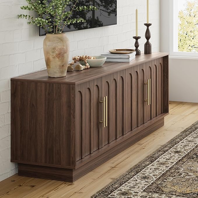 FORTUNETEC TV Stand for 75 Inch TV, Mid Century Modern TV Stand with Arched Design, Wood Grain Finish, Media Console with Adjustable Shelves, 67" Entertainment Center for Living Room Bedroom, Walnut