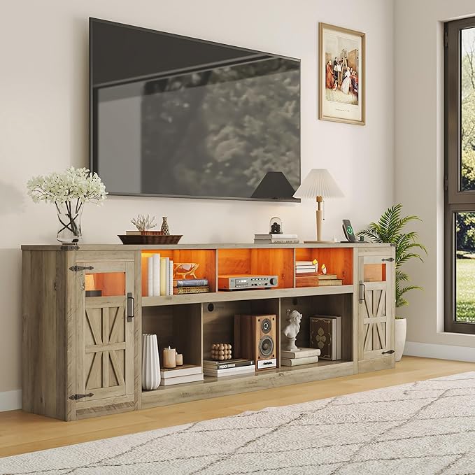 chartustriable Farmhouse TV Stand for 100 Inch TV,95" Entertainment Center w/LED Light,Large Media Console Cabinet w/Rustic Barn Doors,Power Outlets,Adjustable Shelves for Living Room,Grey