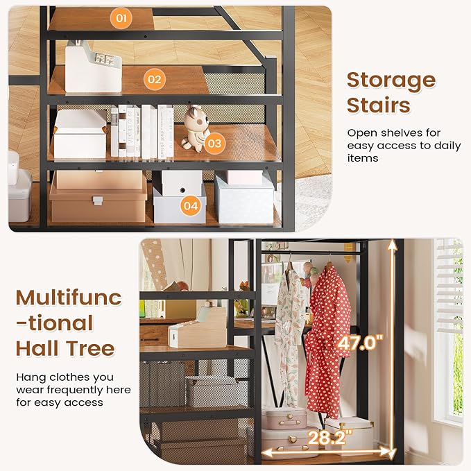 Itaar Full Size Loft Bed with Desk and Storage Stairs, Metal Loft Bed with 6 Storage Drawers, Hall Tree, LED Lights and Power Outlet, for Kids, Teens, Adults, Rustic Brown