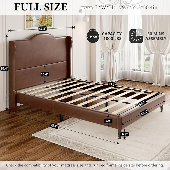Full Upholstered Bed Frame with Tall Headboard, Leather Platform Bed Frame with Wingback Sides, Wood Slats Support, Noise-Free Design, No Box Spring Required, Easy Assembly, Dark Brown