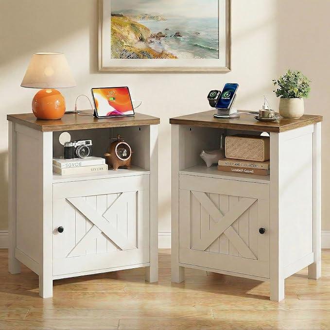 Marsail Farmhouse Nightstand Set of 2, Wood Bedside Table with Charging Station, Night Stand with Shelf and Doors, End Table with Storage Side Table for Bedroom, White & Brown