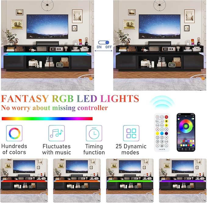 chartustriable LED TV Stand for 100 Inch TV, Modern Tall Entertainment Center with Power Outlets, High Gloss TV Stand, Gaming TV Media Console for Living Room, 93 Inch, Black