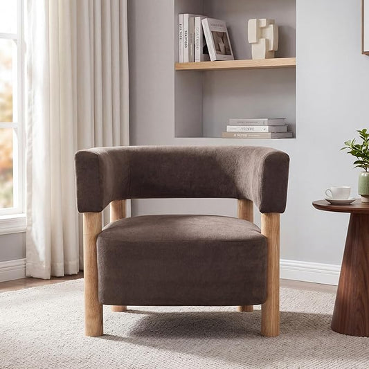 Christopher Knight Home Carly Low Profile Accent Chair, Boucle Upholstered Barrel Chair, Comfy Reading Chair for Bedroom, Wooden Single Lounge Sofa, Dark Brown