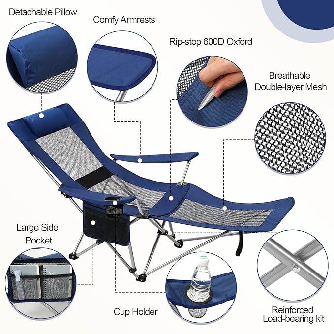 Colingmill 2 Pcs 2 in 1 Reclining Camping Chair with Footrest for Adults Folding Lounger Mesh Beach Chair Adjustable Backrest Lightweight Lawn Chairs for Camping Tailgates Outdoor Beach(Navy Blue)