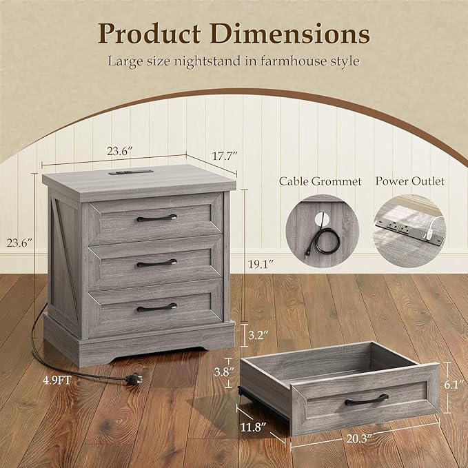 AODK 24 Inch Farmhouse Nightstands with Charging Station, Wood Bedside Tables with Three Drawers, Bed Side Table with Storage, Rustic End Tables with Outlet and USB for Bedroom, Living Room, Oak Grey
