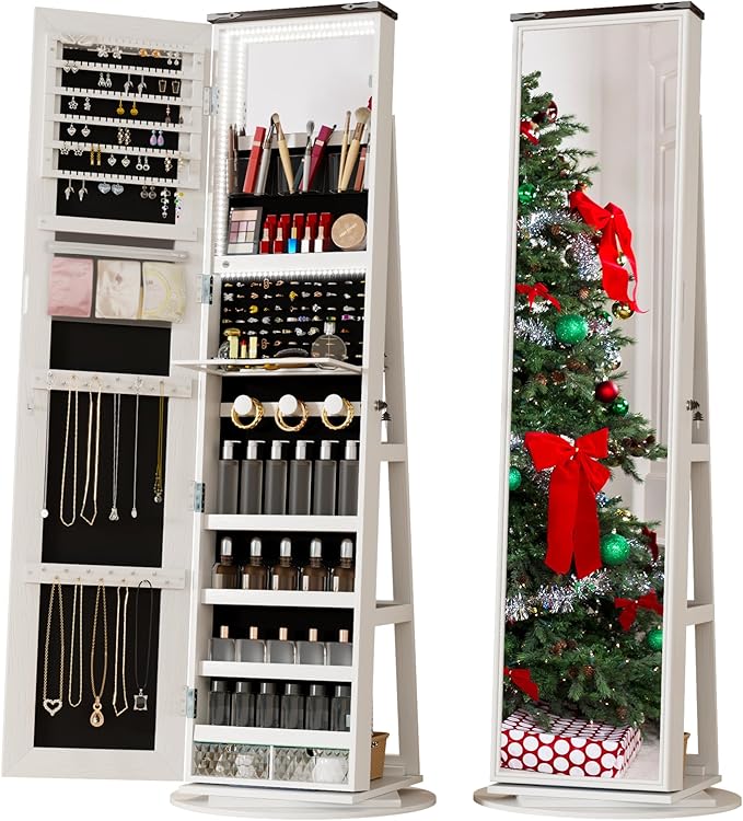 LVSOMT LED Mirror Jewelry Cabinet Standing, 360° Swivel Jewelry Organizers and Storage, Farmhouse Mirror with Jewelry Storage, Lighted Jewelry Armoire with Full Length Mirror (White Wood)