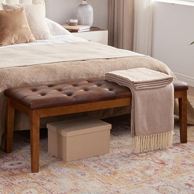 Ottoman Bench Upholstered Padded Seat with Solid Wood Legs and Button-Tufted, Big Oversized Ottoman, Faux Leather Retro Brown