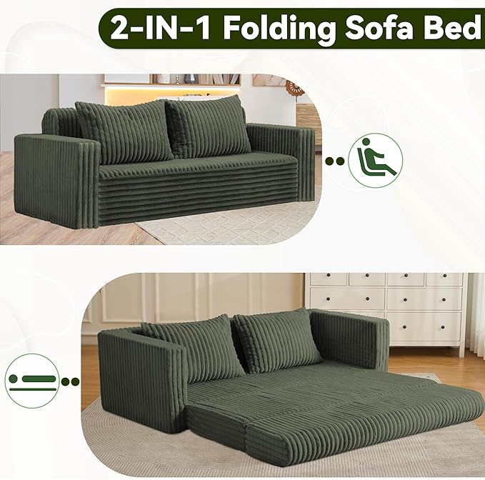 HABUTWAY 68" Loveseat Boneless Couch, 4-in-1 Convertible Sofa Bed, Plush Fur Folding Futon Sofa Bed Couches with 2 Pillows for Living Room, High-Density Foam Support, No Assembly Required, Green