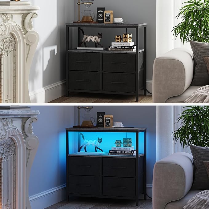 TUTOTAK LED Night Stand with Charging Station, Large Nightstand with USB and Type-C Port, Bedside Table with Cloth Drawers, End Table for Livingroom, Bedroom, Charcoal Grey TB01BY081L