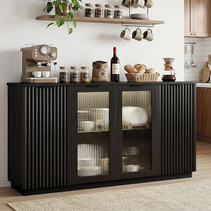 Einhomn 55" Sideboard Fluted Buffet Cabinet with Storage, Glass Doors & Led Lights, Coffee Bar Station with Adjustable Shelves, Modern Wood Cabinet for Kitchen, Living Room, Black