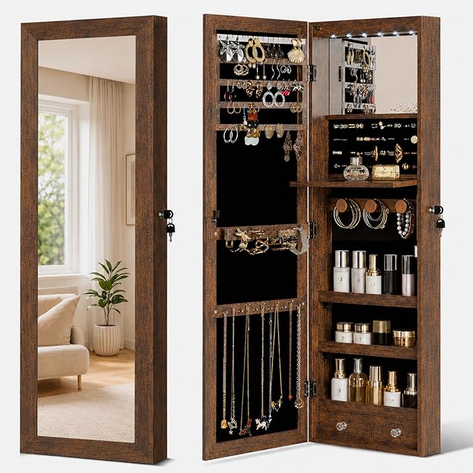 Over the Door Jewelry Organizer, Wall Mounted Jewelry Cabinet, Hanging Mirror with Storage Box, Wall/Door Mounted Full Length Mirror with LED