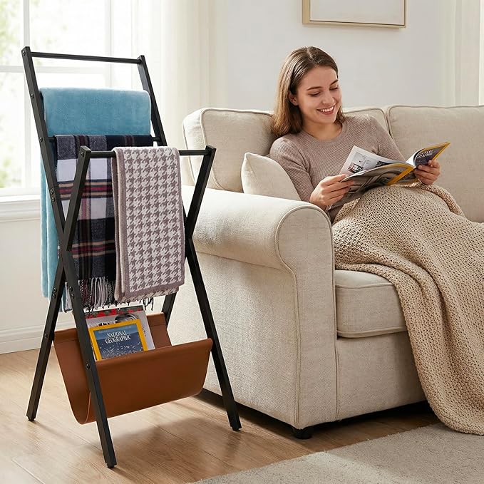 MyGift Blanket Ladder, Freestanding Blanket and Towel Rack with 4 Crossbars and Tan Leatherette Magazine Storage Holder – Modern Metal Floor Living Room or Bathroom Organizer Stand