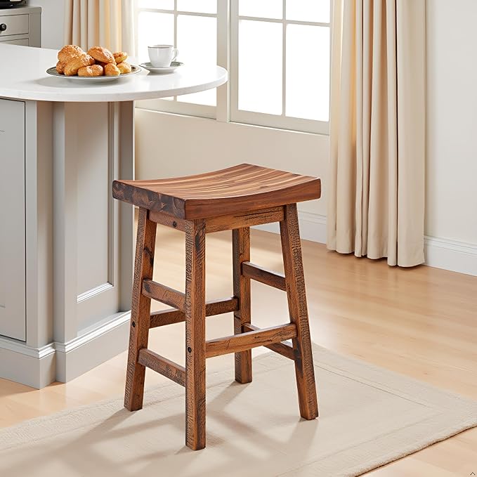 Alaterre Furniture Durango 26-Inch Tall Industrial Wood Counter-Height Stool Bar Stool, Kitchen, Seating, Vintage-Style Saddle Seat, Comfort, Rustic Industrial, Light or Dark Tone Lacquer Finish