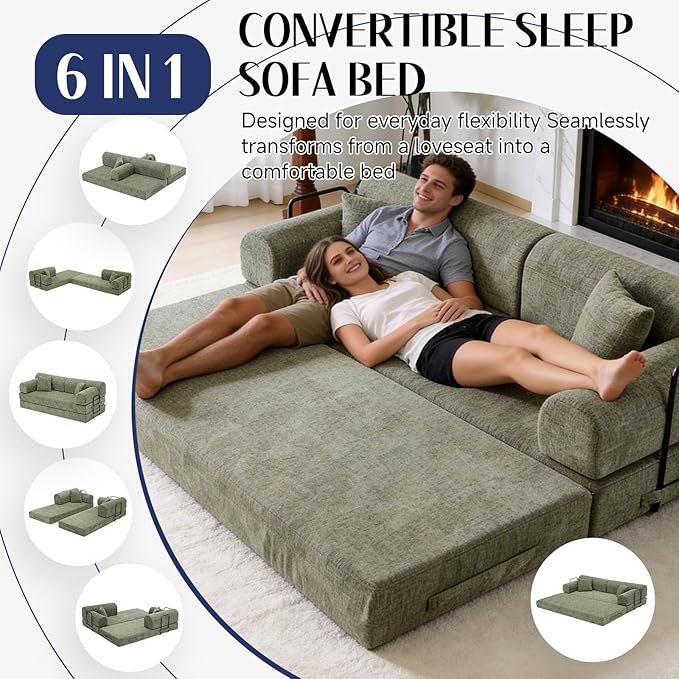 78.8" Convertible Sofa Bed with Detachable Arm Pillow, 6-in-1 Sectional Couches for Living Room, Corduroy Boneless Couch, Sleeper Loveseat Couch Bed, No Assembly, Moss Green Couch