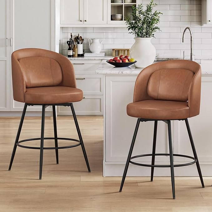 LUE BONA 26''H Swivel Bar Stools Set of 2, Counter Height Bar Stools with Backs, Lumbar Pillow and Black Metal Frames, Upholstered Modern Barstools for Kitchen Island, Faux Leather, Brown