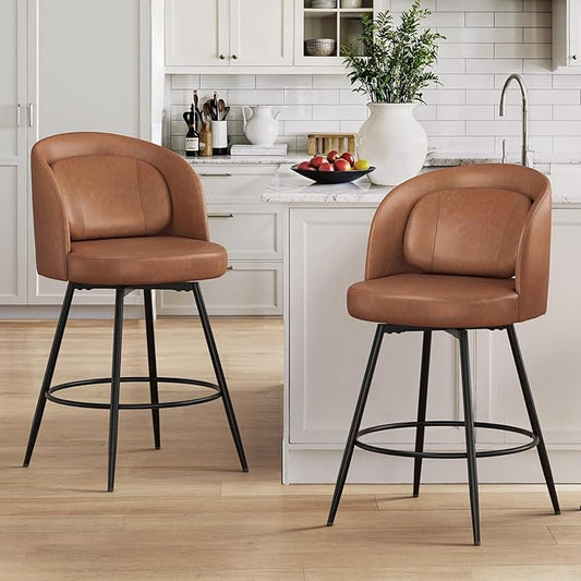 LUE BONA 26''H Swivel Bar Stools Set of 2, Counter Height Bar Stools with Backs, Lumbar Pillow and Black Metal Frames, Upholstered Modern Barstools for Kitchen Island, Faux Leather, Brown