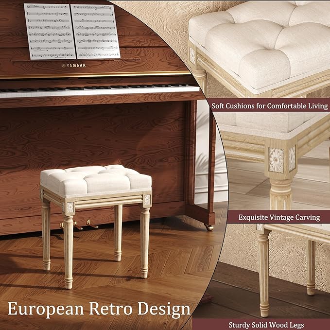 Yusong Vanity Stool Upholstered Bench Seat for Makeup Room, Vintage Small Bedroom Bench Dining Bench with Tufted Fabric for Living Room, Piano Stool with Rustic Wood, Easy Assemble,Beige