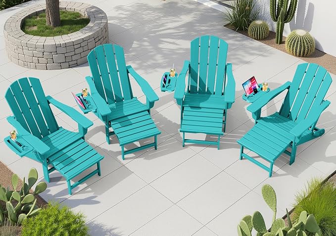KINGYES Adjustable Folding Adirondack Chair with Footrest & 4-in-1 Multi-Functional Armrest Organizer Set of 4, HDPE Foldable Recliner Adirondack Chair with Pull-Out Ottoman, Aruba