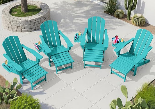 KINGYES Adjustable Folding Adirondack Chair with Footrest & 4-in-1 Multi-Functional Armrest Organizer Set of 4, HDPE Foldable Recliner Adirondack Chair with Pull-Out Ottoman, Aruba