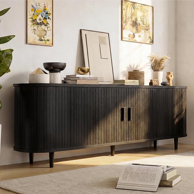 65" Mid Century Modern TV Stand, Wood TV Consoles with Sliding Doors and Power Outlet, Fluted Entertainment Center with Adjustable Shelves, Media Console for Living Room, Black