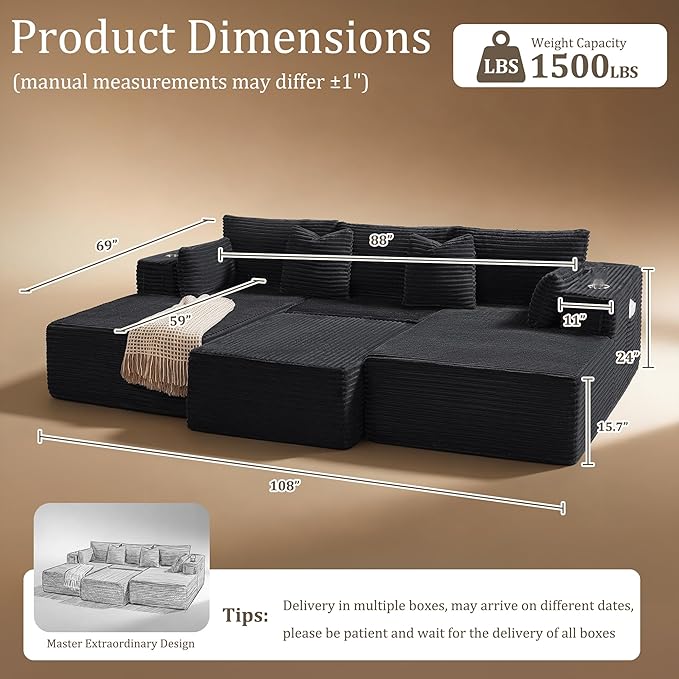 108" Cloud Sectional Couch, Comfort Sleep Sofa for Living Room, Extra Deep Seats No Assembly, Minimalist Modular Couch, Corduroy (Black, Widen Loveseat Chaise)