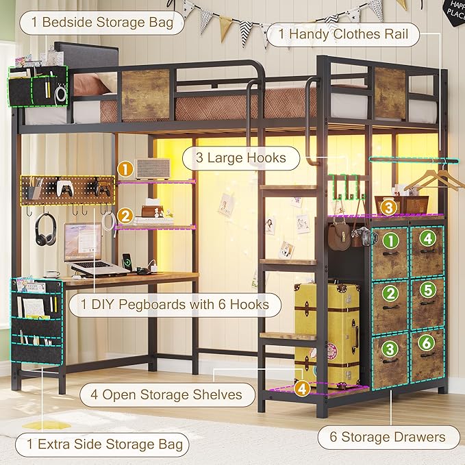 BYSAUD Loft Bed with Desk, Loft Bed Twin Size with 6 Storage Drawers & 4 Storage Shelves,Twin Loft Beds with LED Lights & Charging Station, Bunk Bed with Safety Guard, No Box Spring Needed, Brown