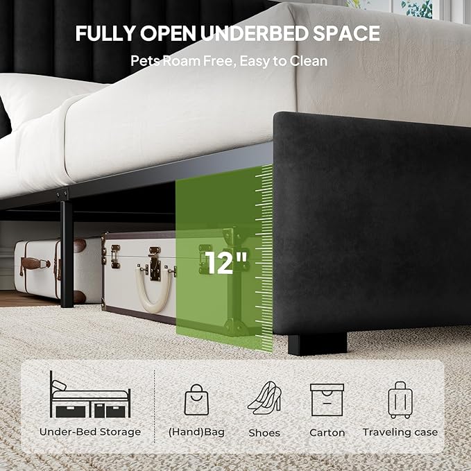 Welzona Kids Twin Upholstered Bed Frame with Headboard, Velvet Upholstered Metal Platform Bed Frame with Vertical Tufted Headboard, 3-Level Height, Metal Slat Support, Noise-Free Easy Assembly, Black