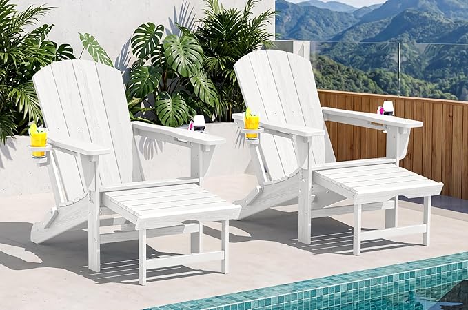SERWALL Folding Adjustable Adirondack Chairs with Footrest Set of 2, HDPE Outdoor Chair with Dual Cup Holders, All Weather Adirondack Chair with Ottoman, White