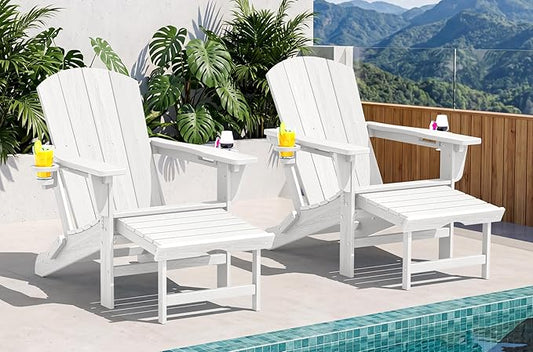 SERWALL Folding Adjustable Adirondack Chairs with Footrest Set of 2, HDPE Outdoor Chair with Dual Cup Holders, All Weather Adirondack Chair with Ottoman, White